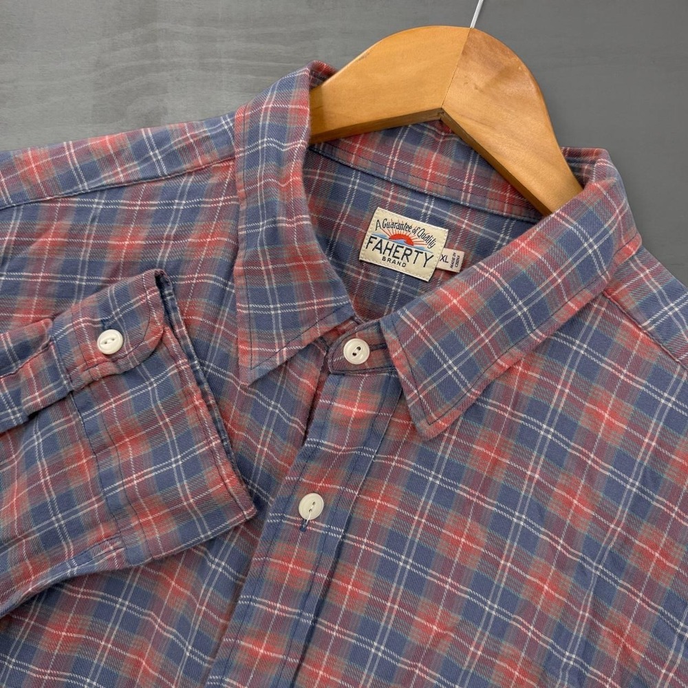 Faherty Button Down Shirt Blue Red Plaid Cotton Long Sleeve XL